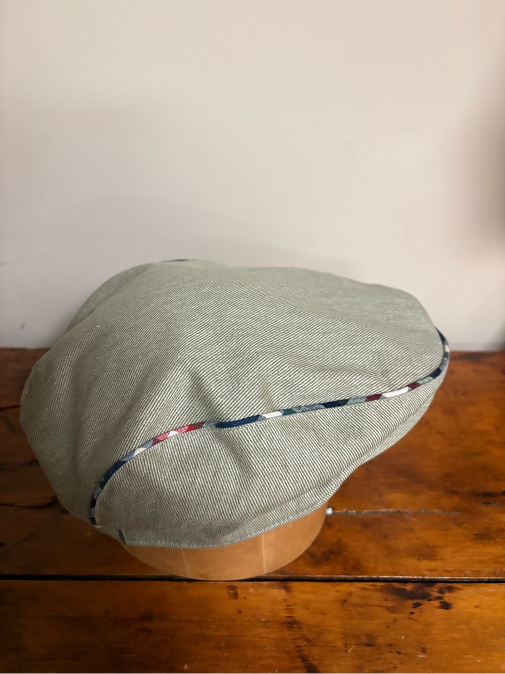 Light Sage Cotton Newsboy Cap with Contrasting Trim Piping Linen Blend 8